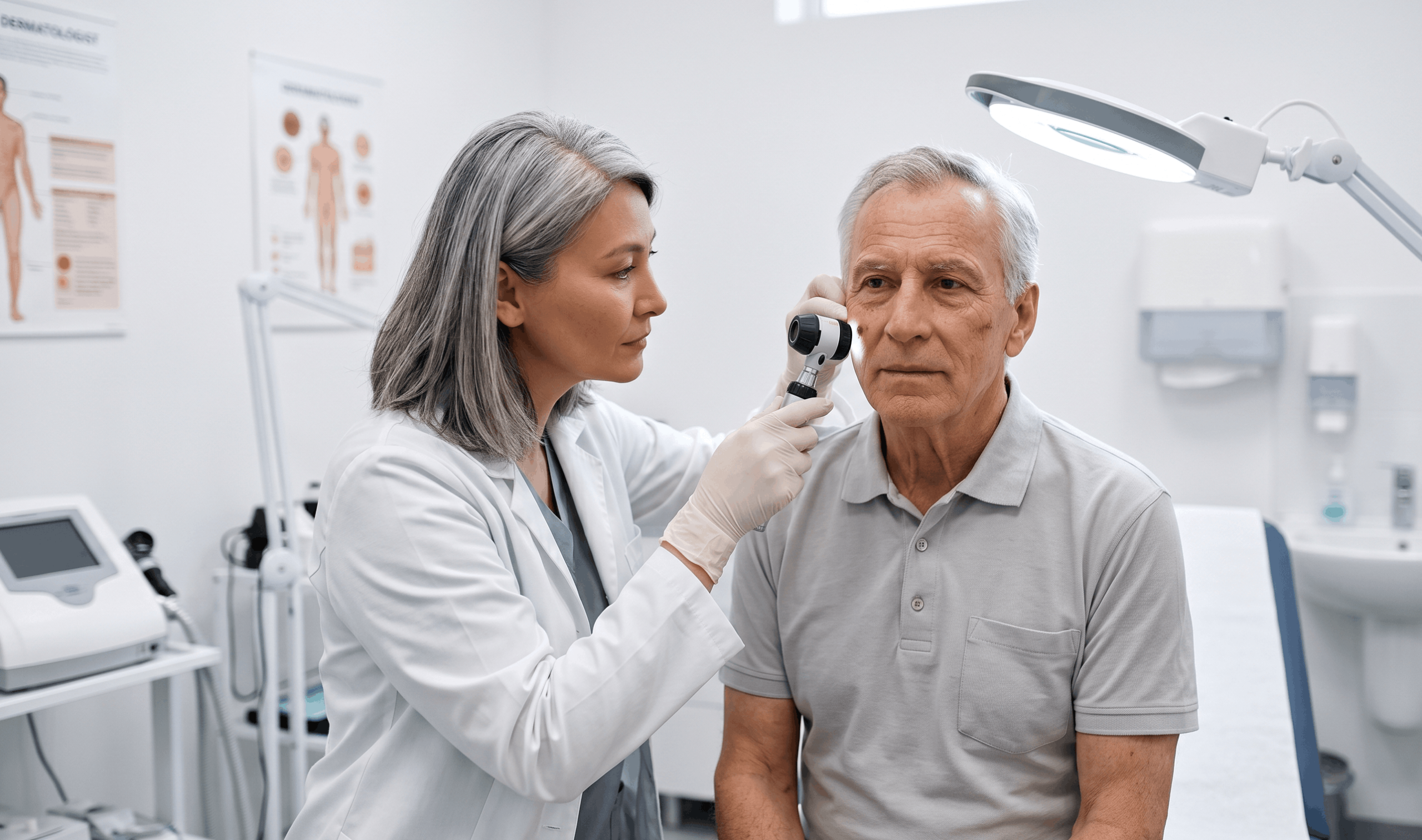 Dermatologist uses a dermatoscope to examine an elderly patient's cheek for skin cancer