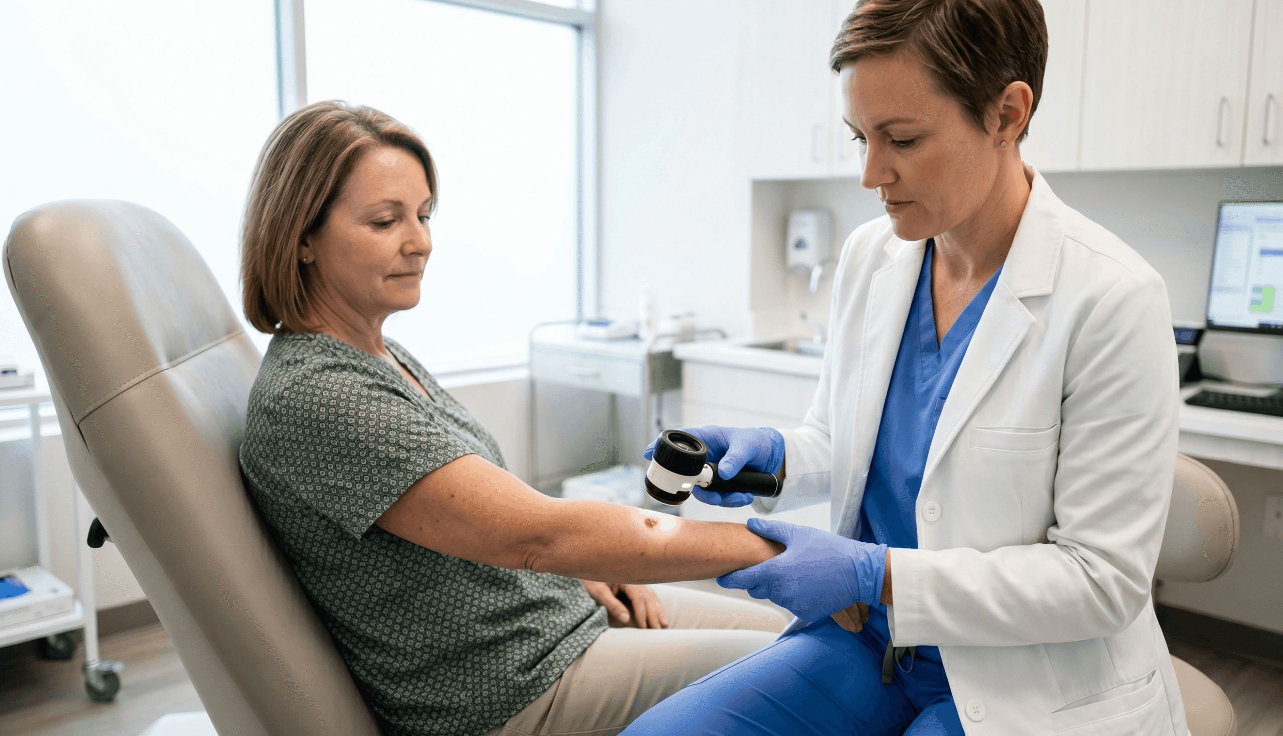 Skin Cancer Screening exam with dermatologist using dermatoscope to evaluate a patient’s arm for suspicious moles in a clinical setting