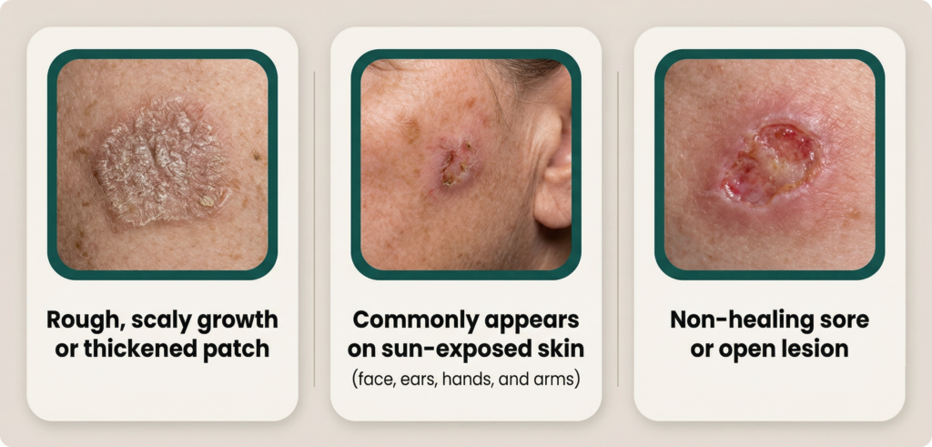 Visual examples of squamous cell carcinoma showing a rough scaly lesion, sun-exposed skin damage, and a non-healing sore