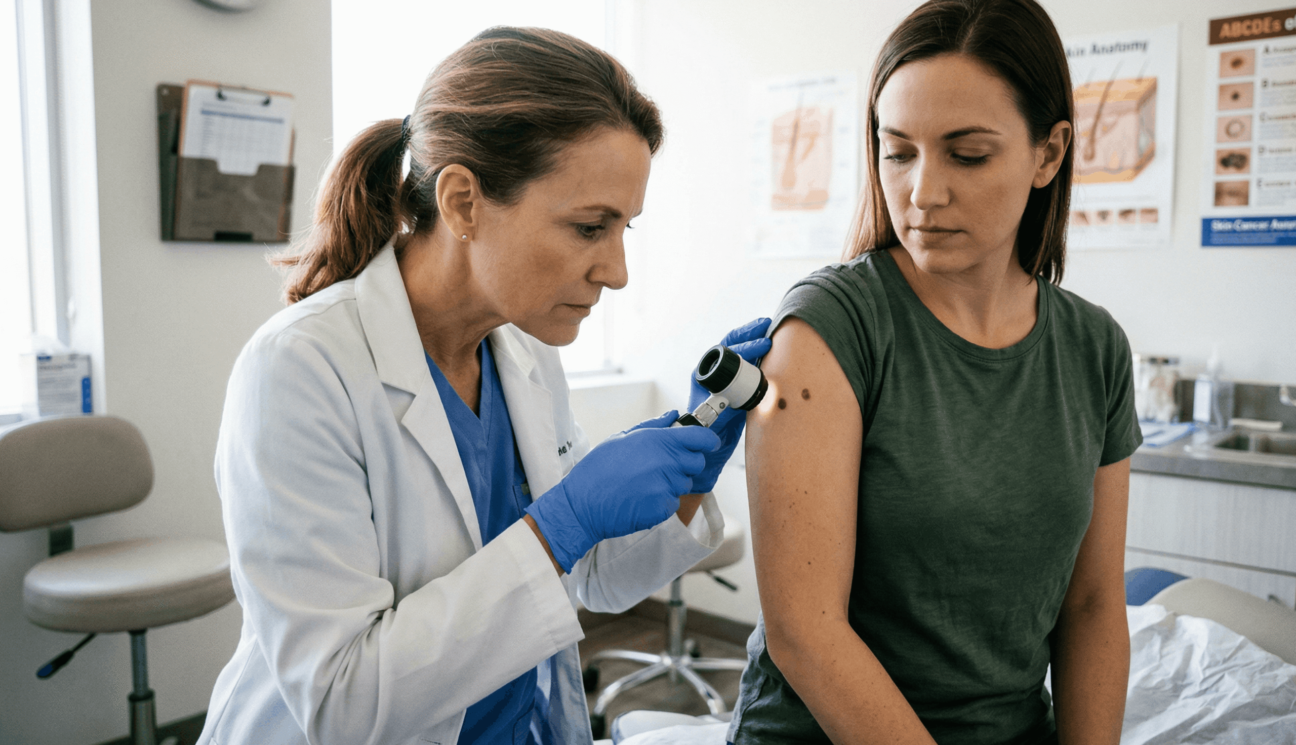 dermatologist examining patient skin for skin cancer