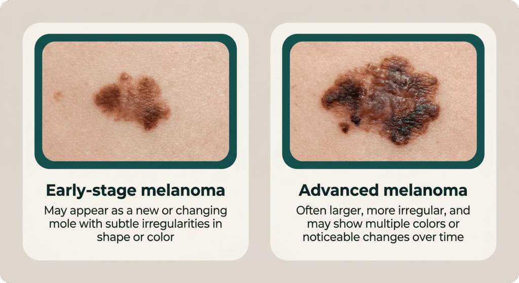 Comparison of early and advanced melanoma showing changes in size, color variation, and irregular borders